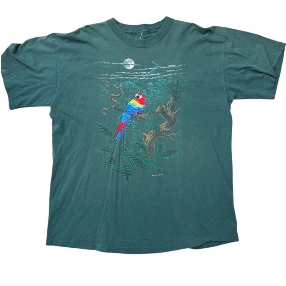 Vintage 1995 Stitch Art Embroidered Parrot macaw Jungle T-Shirt Bird Nature XL